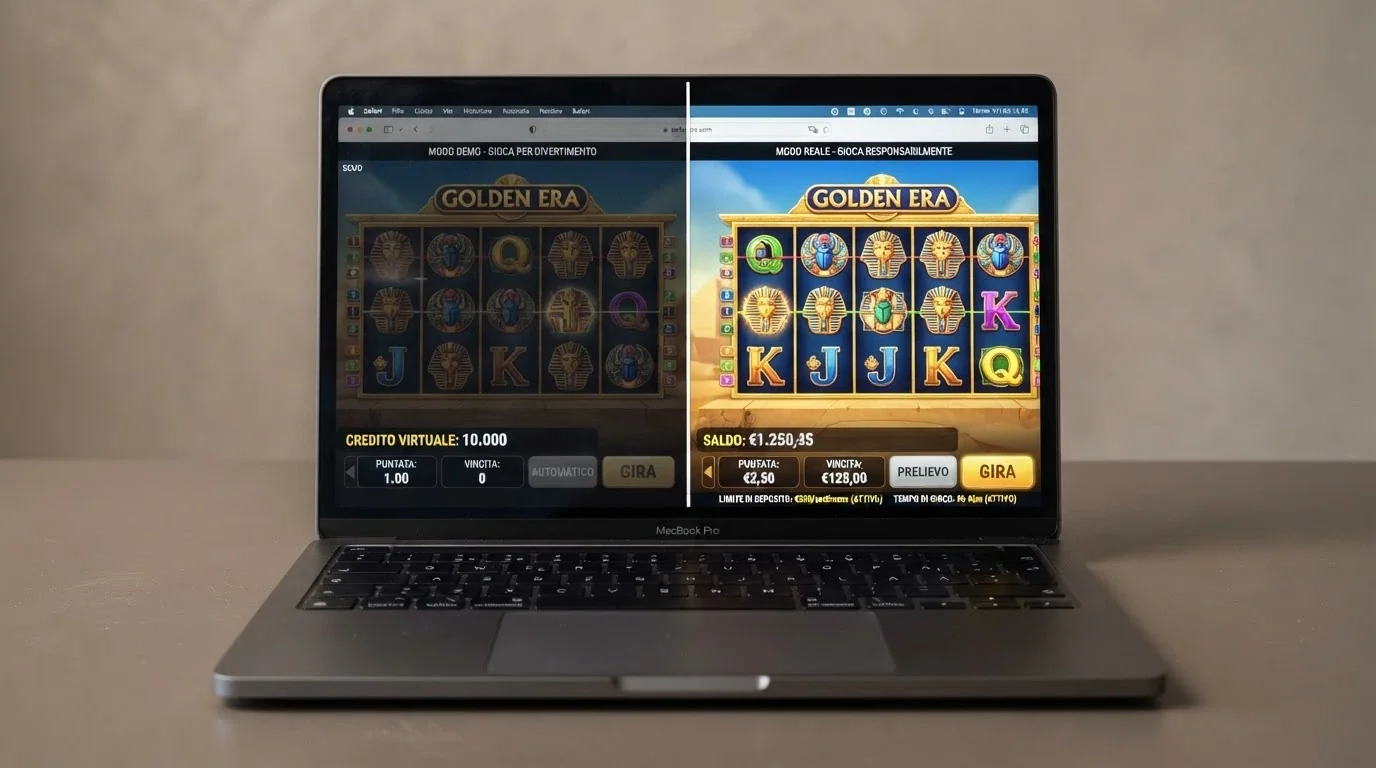 Confronto visivo tra un'interfaccia di slot in modalità demo (con credito virtuale illimitato) e la stessa slot in modalità reale (con saldo in euro e limiti attivi)