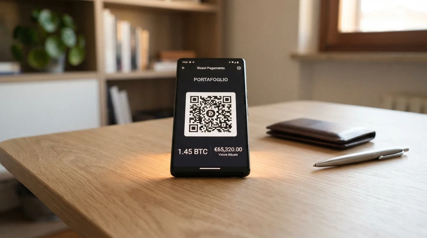 La schermata di un wallet mobile che mostra un QR code per il deposito in DOGE, con l'importo in euro e in DOGE affiancati