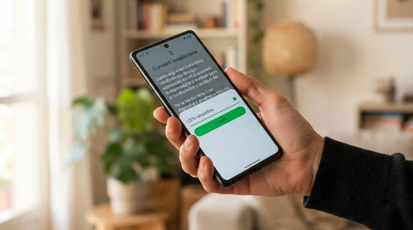 La schermata di un telefono Android che mostra la notifica di download di un file APK completato e il pulsante «Installa» con la richiesta di autorizzazione per fonti sconosciute