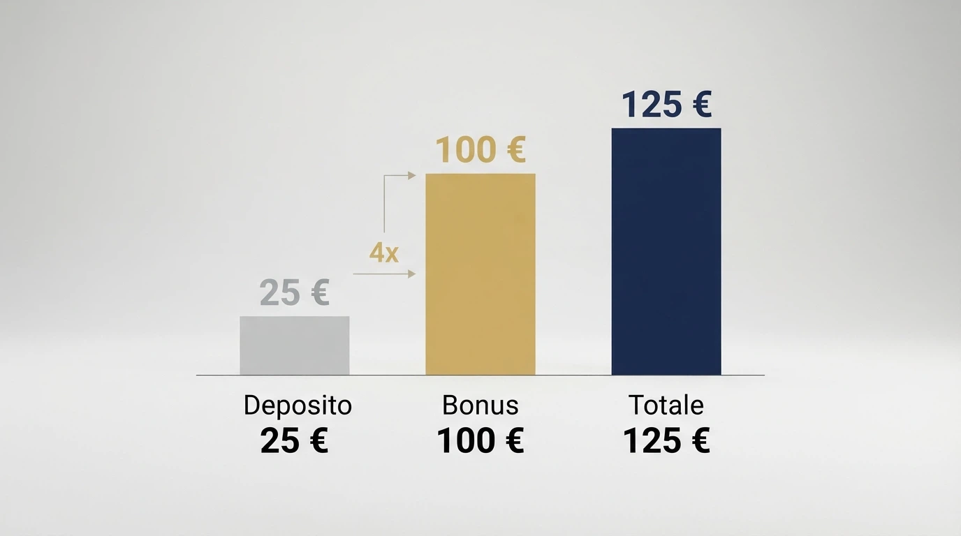 Grafico del calcolo: deposito da 25 €, bonus da 100 €, cassa totale 125 €