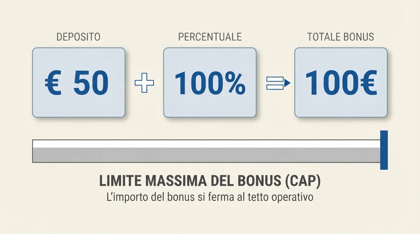Uno schema visivo che mostra la formula del bonus: deposito da 50€ + bonus 100% da 50€ = saldo giocabile 100€, con il cap che limita l'importo