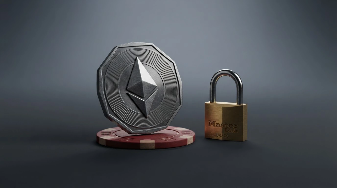 Moneta fisica di Ethereum accanto a un dado da gioco e un lucchetto, su sfondo scuro