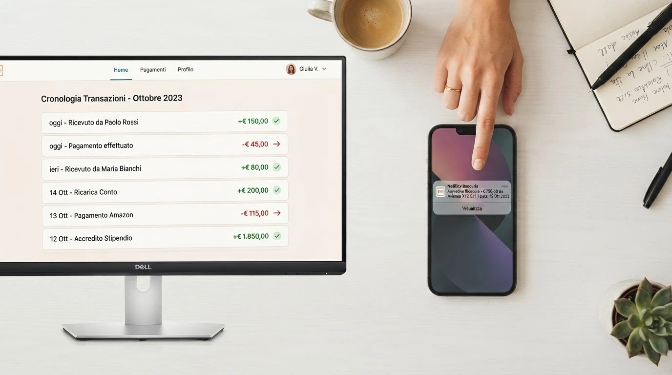 L'interfaccia di un portafoglio elettronico su desktop con la cronologia delle transazioni verso un operatore ADM, affiancata da un telefono con notifica di accredito