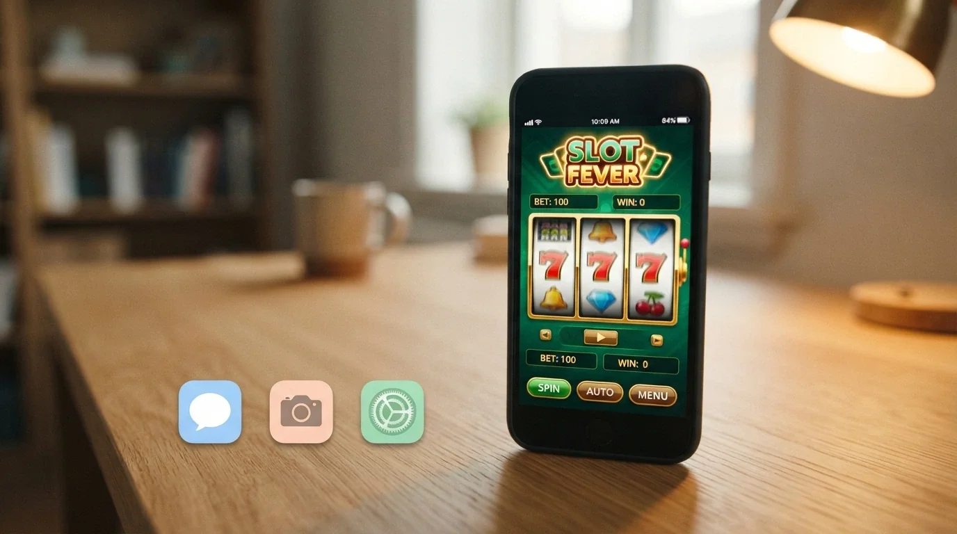 Uno smartphone in verticale con l'interfaccia di una slot in esecuzione, accanto l'icona di tre app di casinò ADM, sovrapposizione di Wi-Fi e connessione mobile