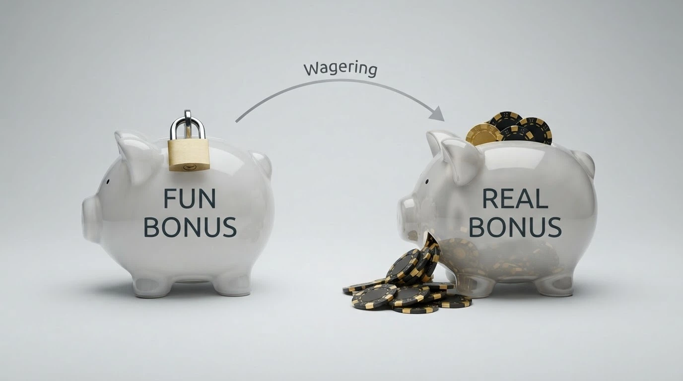 Un'illustrazione a due colonne: a sinistra un salvadanaio chiuso con l'etichetta «Fun Bonus», a destra un salvadanaio aperto con monete e la scritta «Real Bonus», collegati da una freccia con sopra la scritta «wagering»