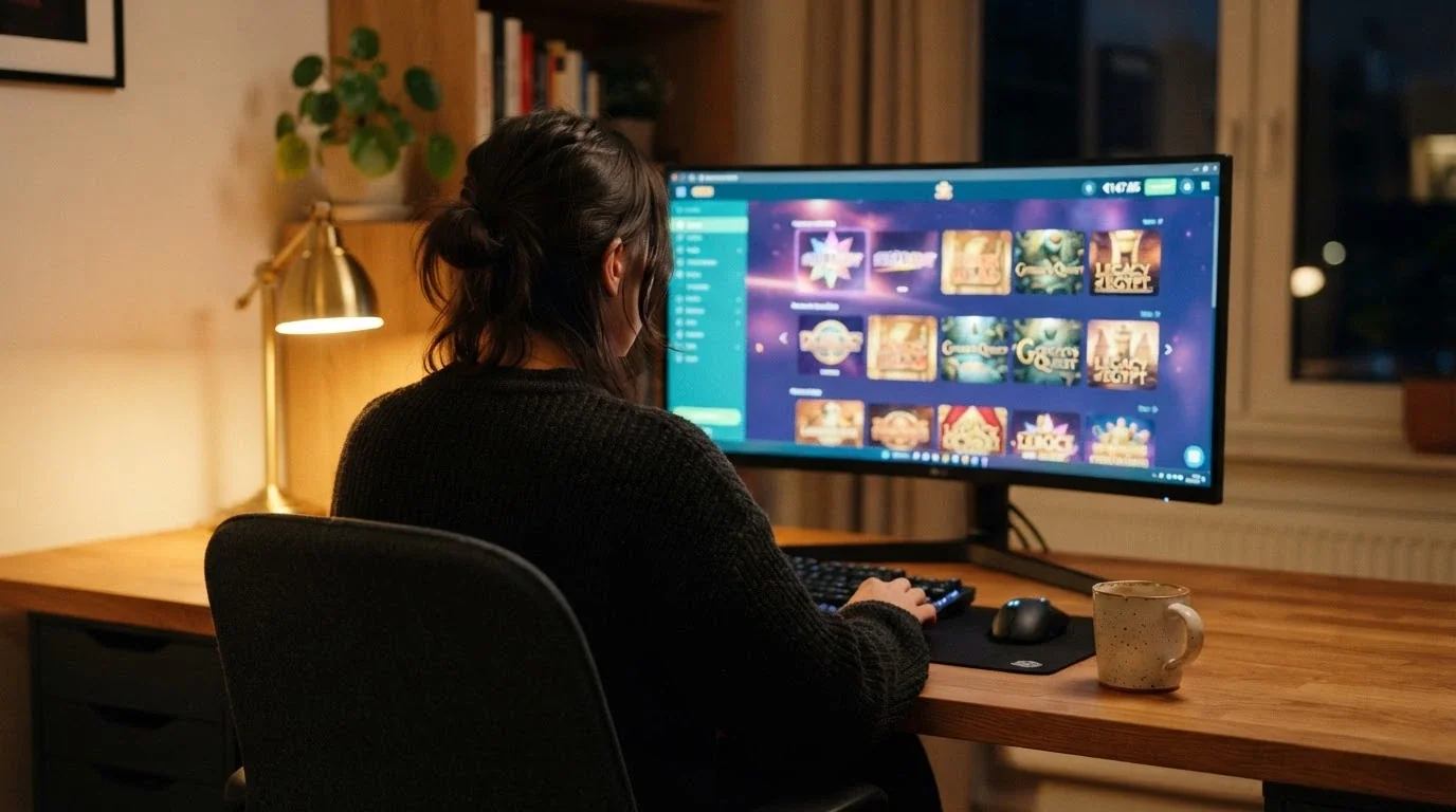 Un giocatore sorridente seduto al computer con una tazza di caffè, il conto gioco aperto sul monitor con un saldo modesto e alcune slot in background