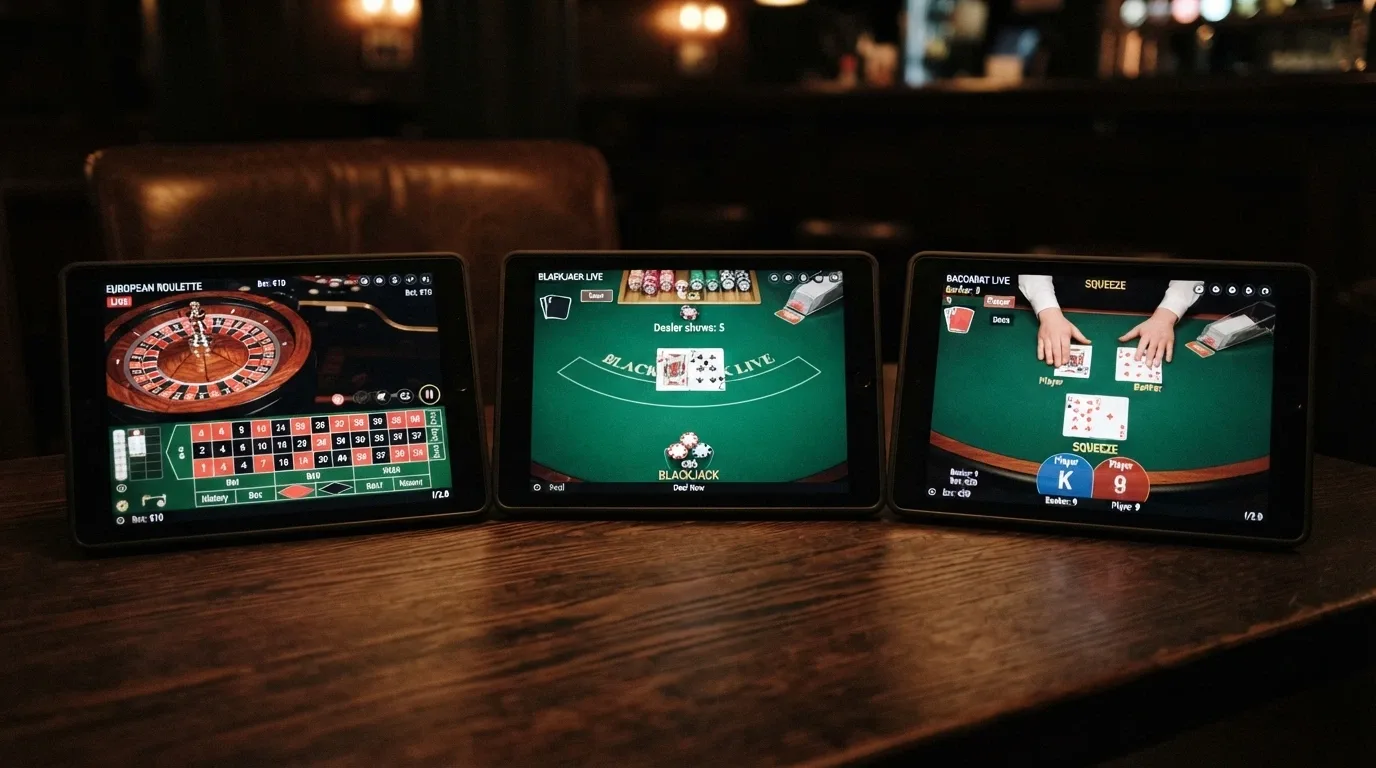 tre schermi affiancati che mostrano un tavolo di roulette, uno di blackjack e uno di baccarat, con i dealer in azione