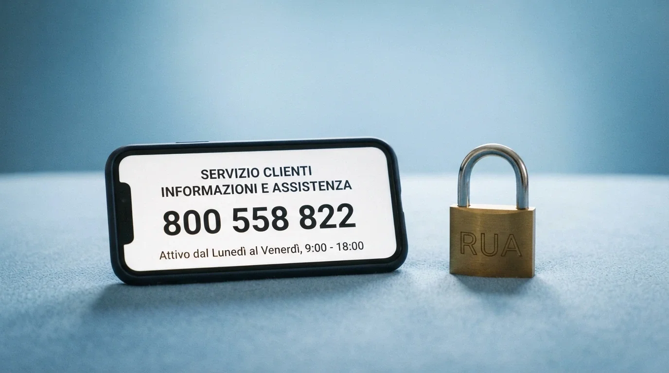 Un telefono con la cornetta alzata e il numero 800 558 822 sullo schermo, accanto a un lucchetto con la scritta «RUA», su uno sfondo rassicurante azzurro chiaro