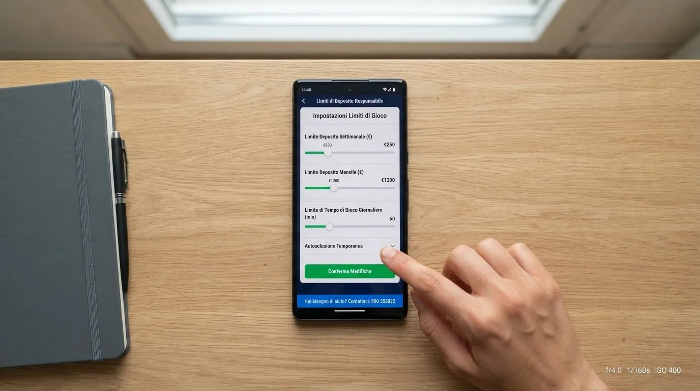 La schermata di impostazione dei limiti di deposito nell'area personale di un casinò ADM, con il Telefono Verde 800 558822 in sovraimpressione