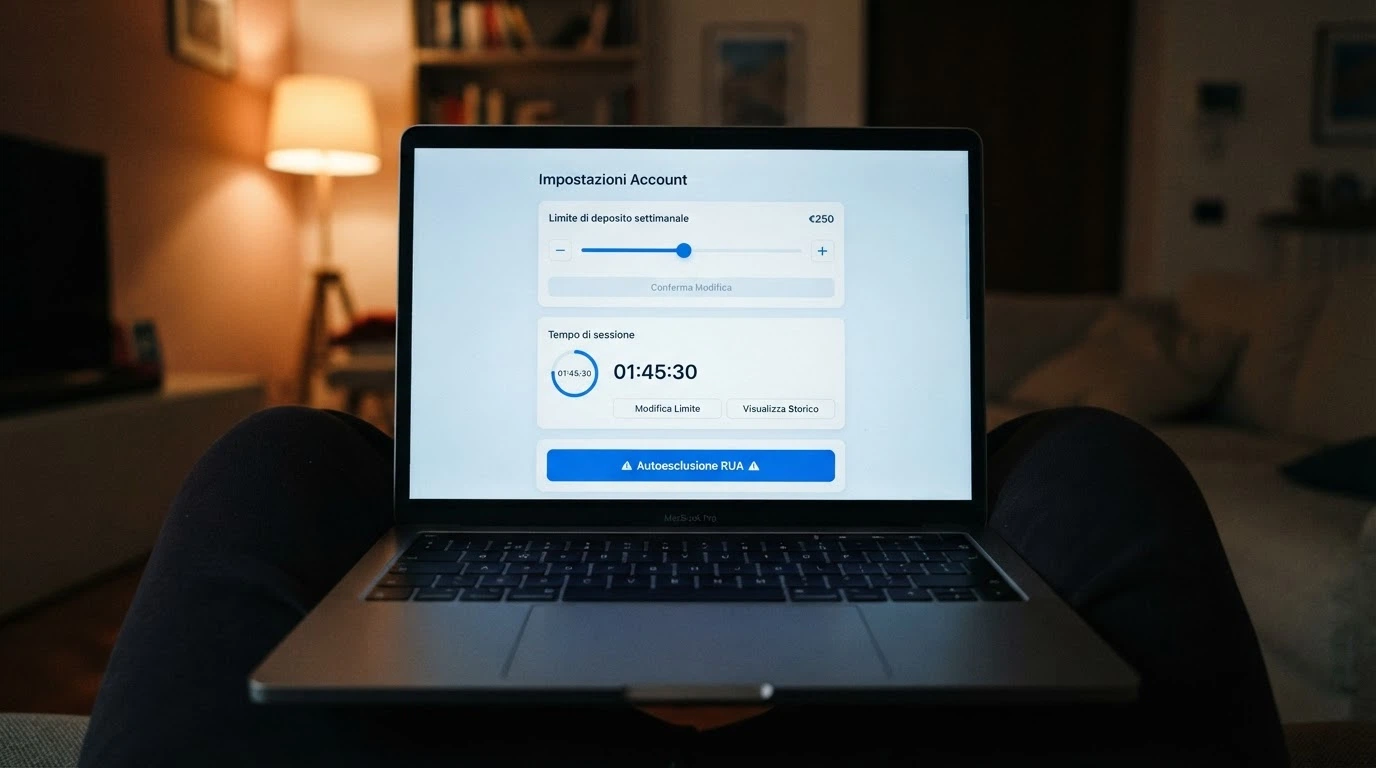 L'interfaccia dell'area personale di un casinò ADM con i controlli per impostare limiti di deposito settimanali, il timer di sessione e il collegamento al RUA per l'autoesclusione