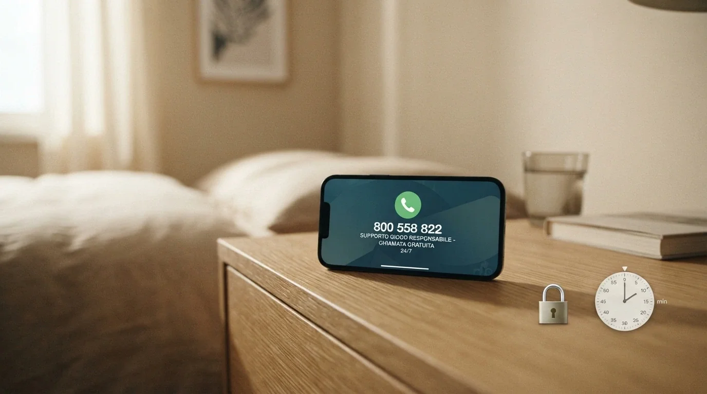 Un telefono con la cornetta alzata accanto alla scritta «800 558 822» e le icone di un lucchetto e di un timer per i limiti di gioco