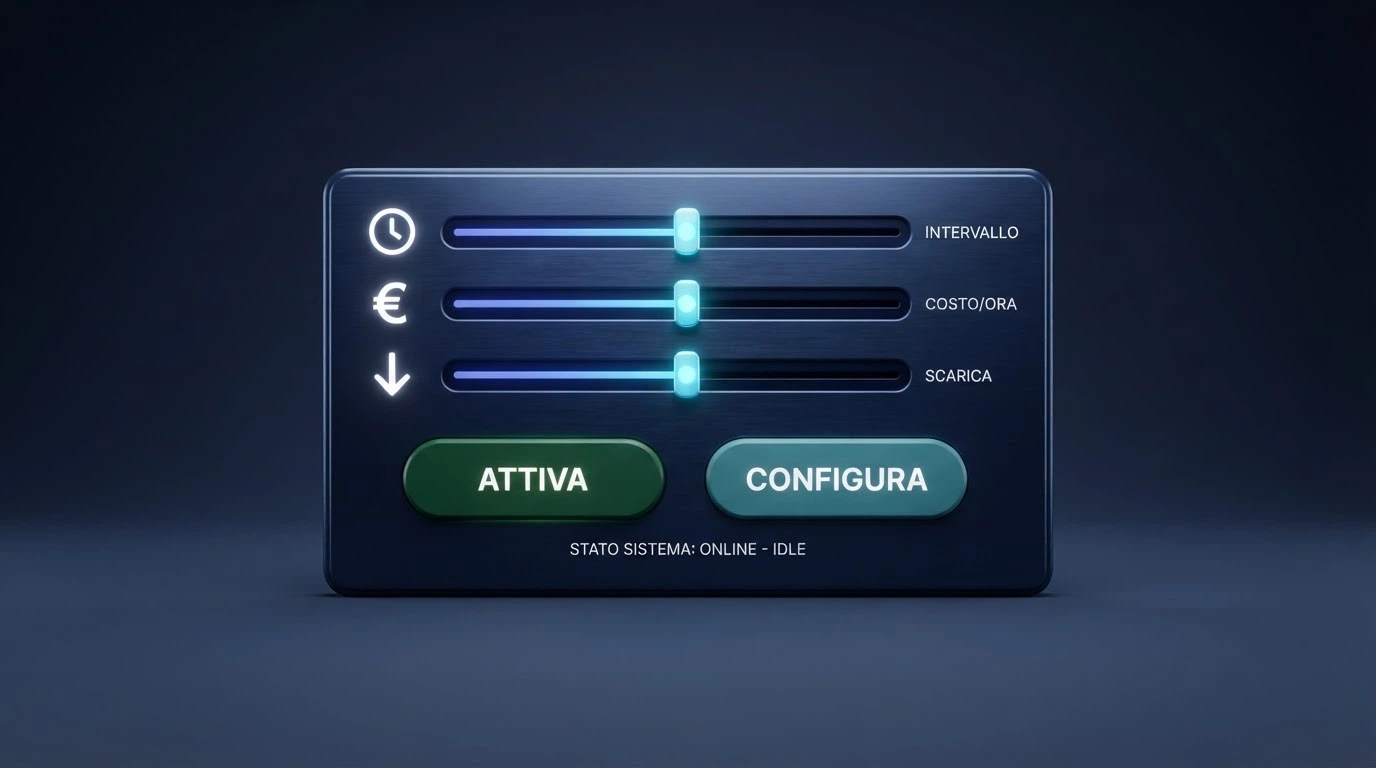 Un cruscotto con slider (tempo, deposito, perdita) e due pulsanti grandi: «RUA» e «800 558 822», su sfondo rassicurante blu scuro