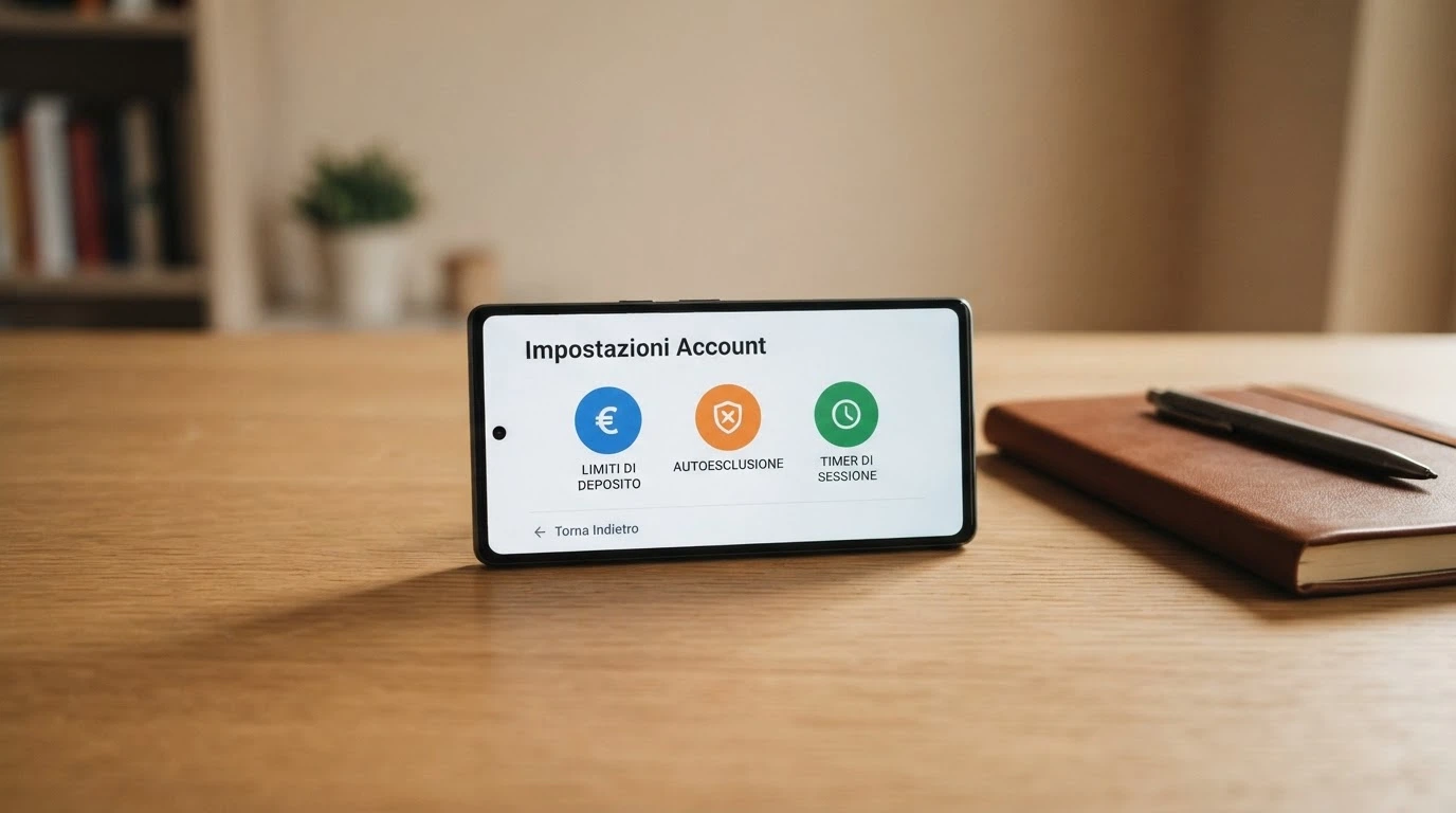 Un'interfaccia semplificata dell'area conto di un casinò ADM con i pulsanti per i limiti di deposito, l'autoesclusione e il timer di sessione