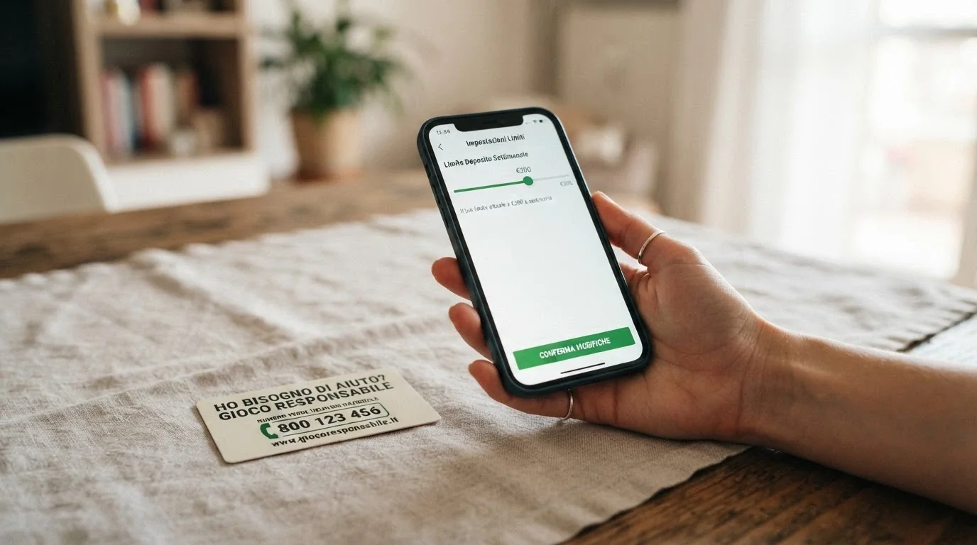 Una mano su un telefono con la schermata del pannello limiti di deposito di un casinò ADM, affiancata da un foglio con il numero verde 800 558822