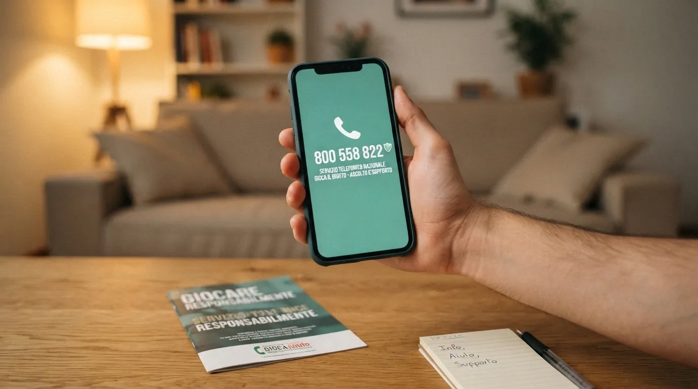 Un telefono con il numero verde in sovrimpressione e la scritta «anonimo e gratuito», affiancato dagli strumenti di autoesclusione su uno schermo