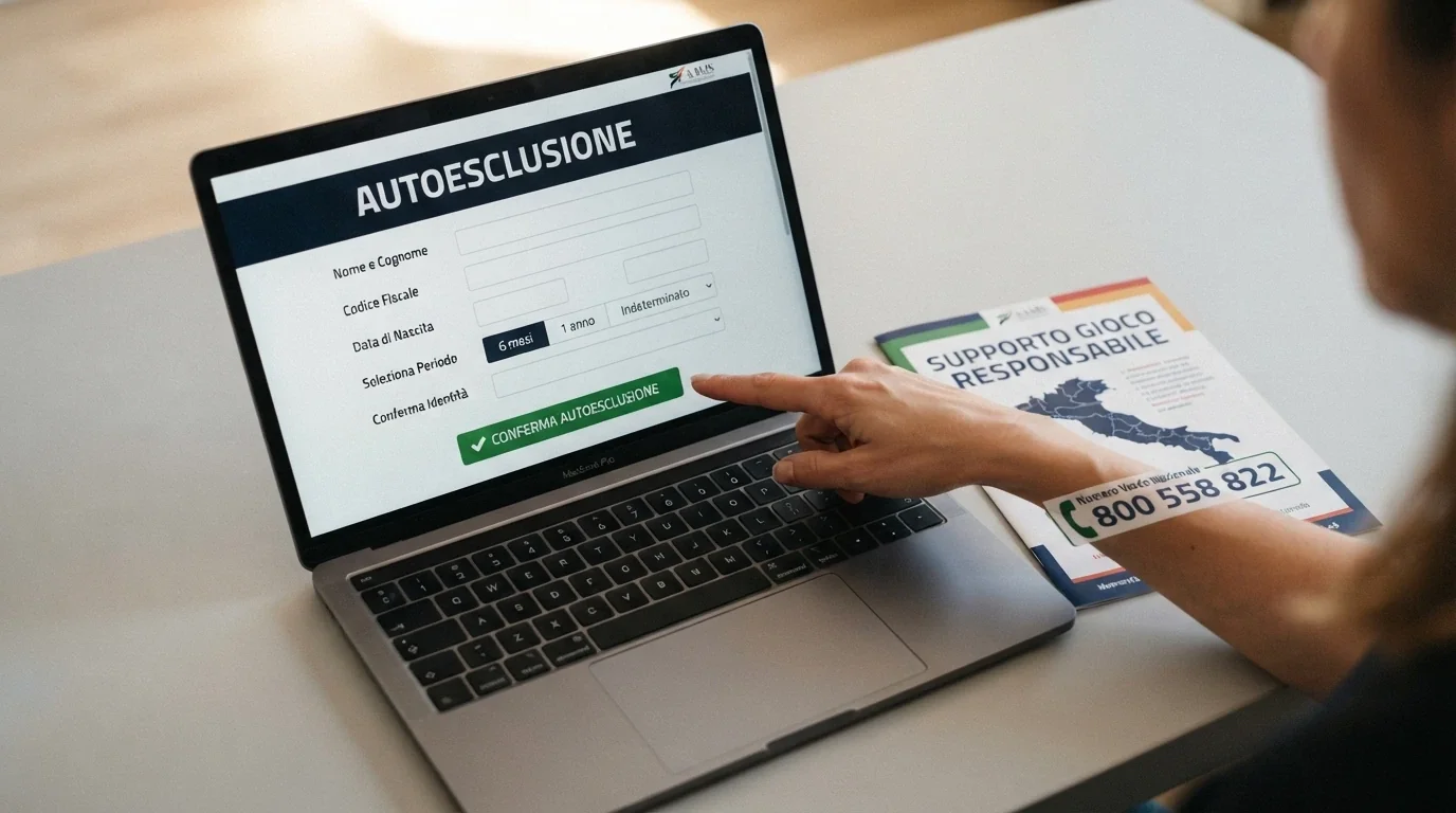Una schermata del portale RUA dell'ADM con il form di autoesclusione, affiancata dal logo del Numero Verde 800 558 822 e da una mappa delle ASL italiane