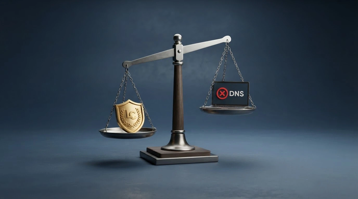 Una bilancia stilizzata con da un lato il simbolo della concessione ADM e dall'altro uno schermo con la scritta «DNS Block» e un punto interrogativo