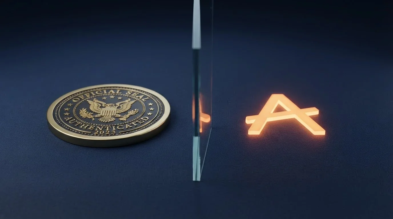 Il sigillo ufficiale dell'ADM accanto al simbolo del Bitcoin, separati da una barriera trasparente che ne indica l'incompatibilità, su uno sfondo istituzionale blu