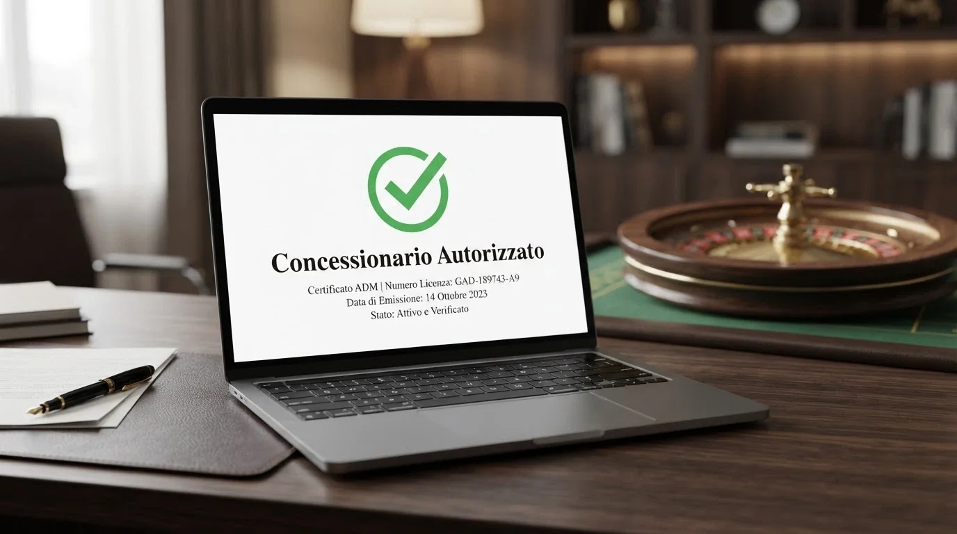 Il logo ufficiale ADM accanto alla scritta «Concessionario autorizzato» su uno schermo, con una ruota della roulette sullo sfondo
