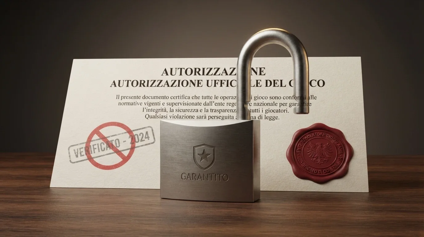 Un certificato ufficiale con il timbro ADM e un lucchetto, affiancato da un cartello «non AAMS» barrato in rosso