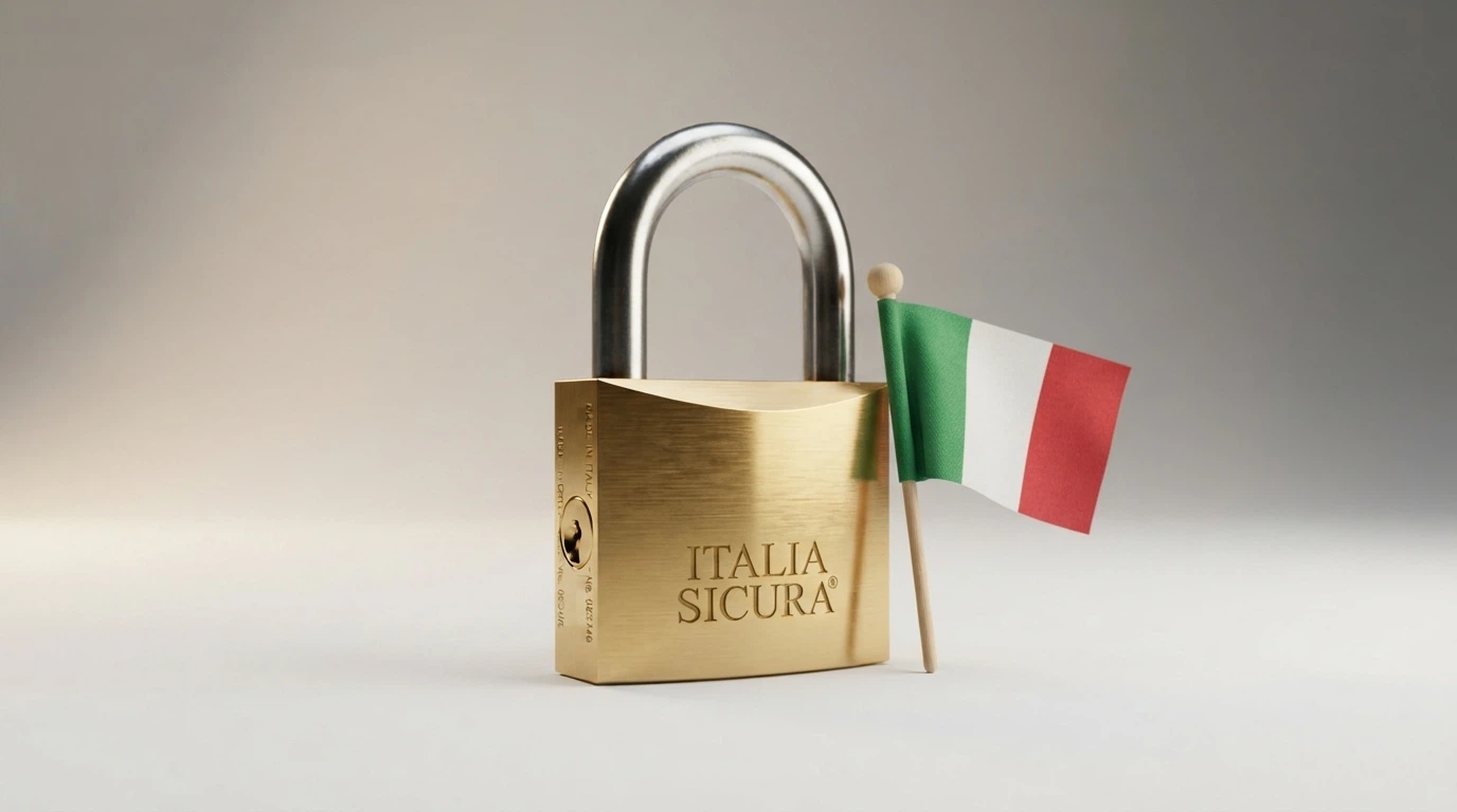 Il logo ufficiale dell'Agenzia delle Dogane e dei Monopoli accanto alla bandiera italiana e a un lucchetto aperto che si chiude — metafora visiva della protezione che la concessione ADM garantisce al giocatore