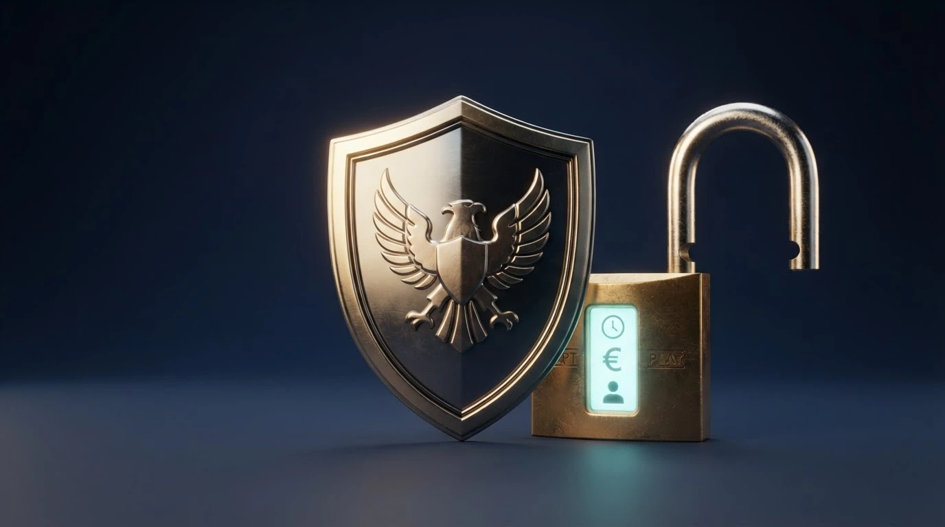 Un badge ufficiale con il logo ADM e un lucchetto aperto che rivela le tutele all'interno: RUA, limite di deposito, autoesclusione, Telefono Verde
