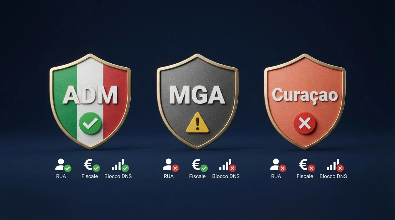 Tre badge di licenza affiancati — ADM (Italia), MGA (Malta), Curaçao — ciascuno con una spunta o una croce sui criteri chiave: RUA, tassazione, blocco DNS
