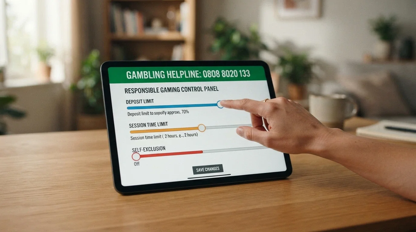 Un pannello di controllo con slider per limite di deposito, tempo di sessione e autoesclusione, affiancato dal numero verde 800 55 88 22 in evidenza