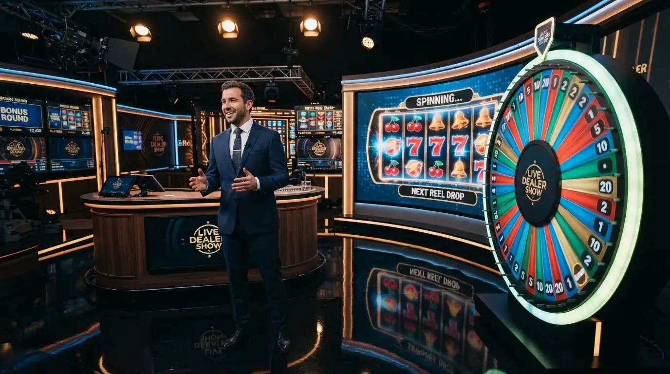 Tavolo da game show dal vivo con dealer in smoking e interfaccia digitale Megaways sullo schermo