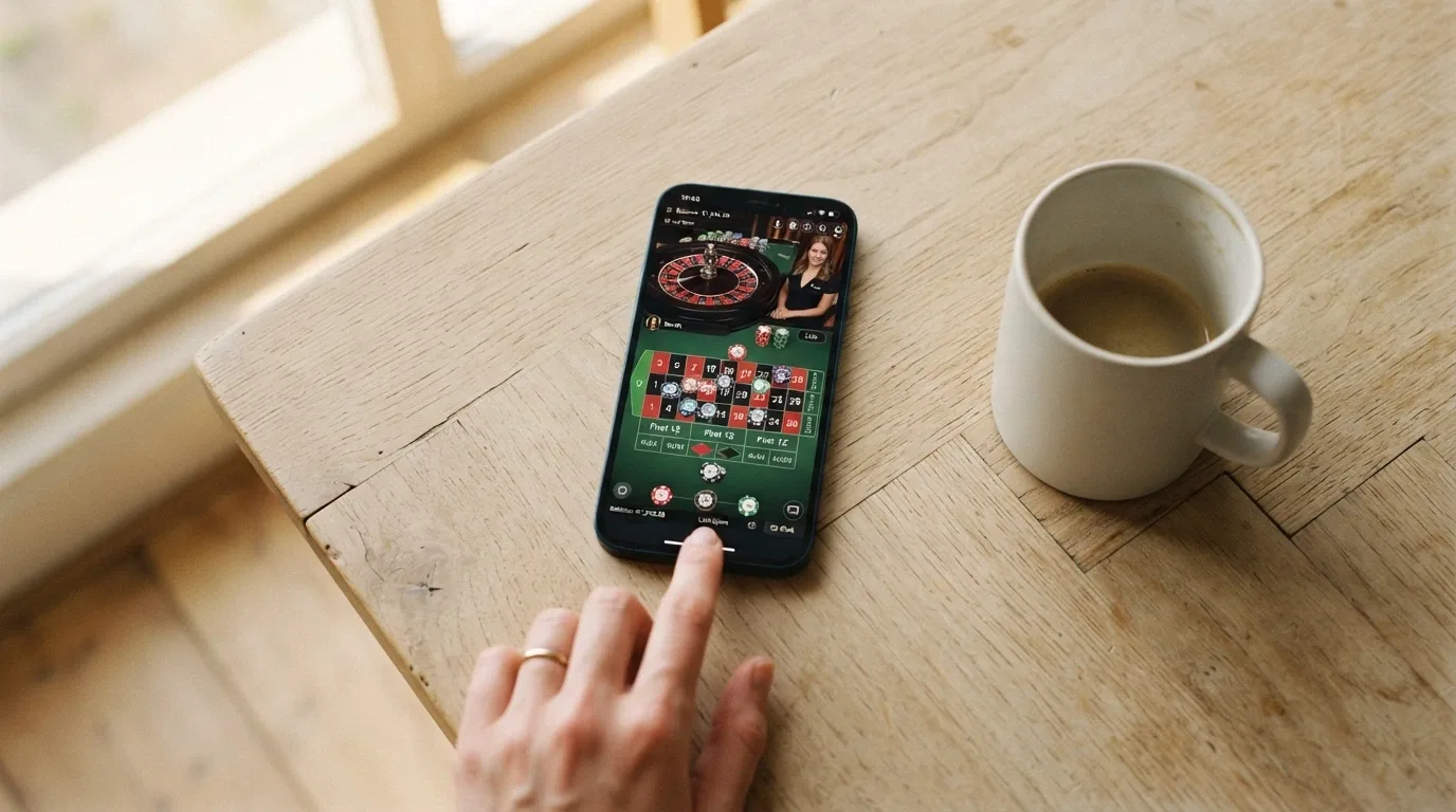 uno smartphone in mano a un giocatore, con l'interfaccia di un tavolo live aperta e le chip visibili sullo schermo