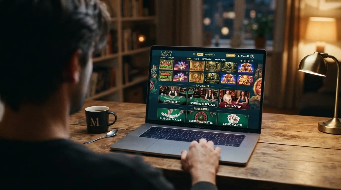 Lobby di un casino non AAMS con griglia di slot, live dealer e giochi da tavolo