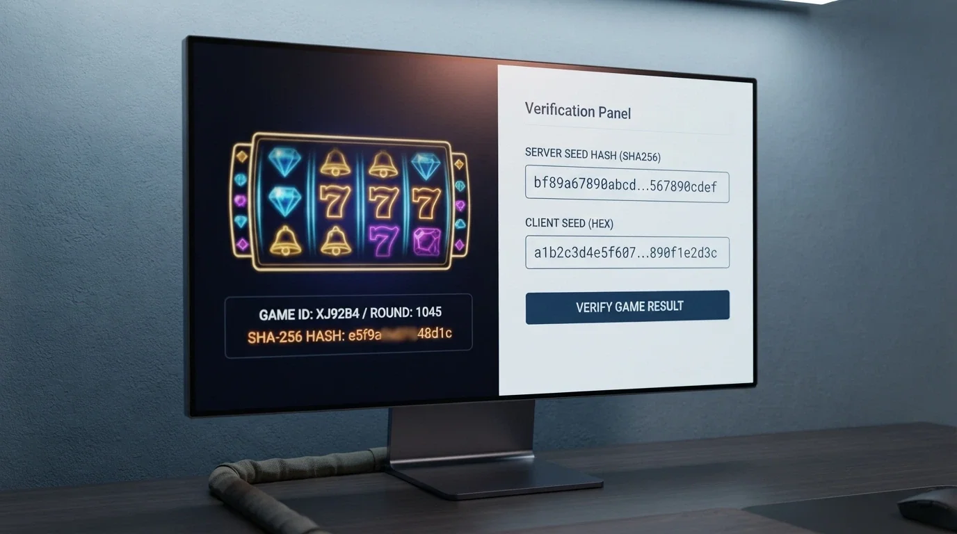 Uno schermo diviso a metà: a sinistra un'interfaccia di gioco con il codice hash visibile, a destra un pannello di verifica indipendente con i seed del server e del client in chiaro