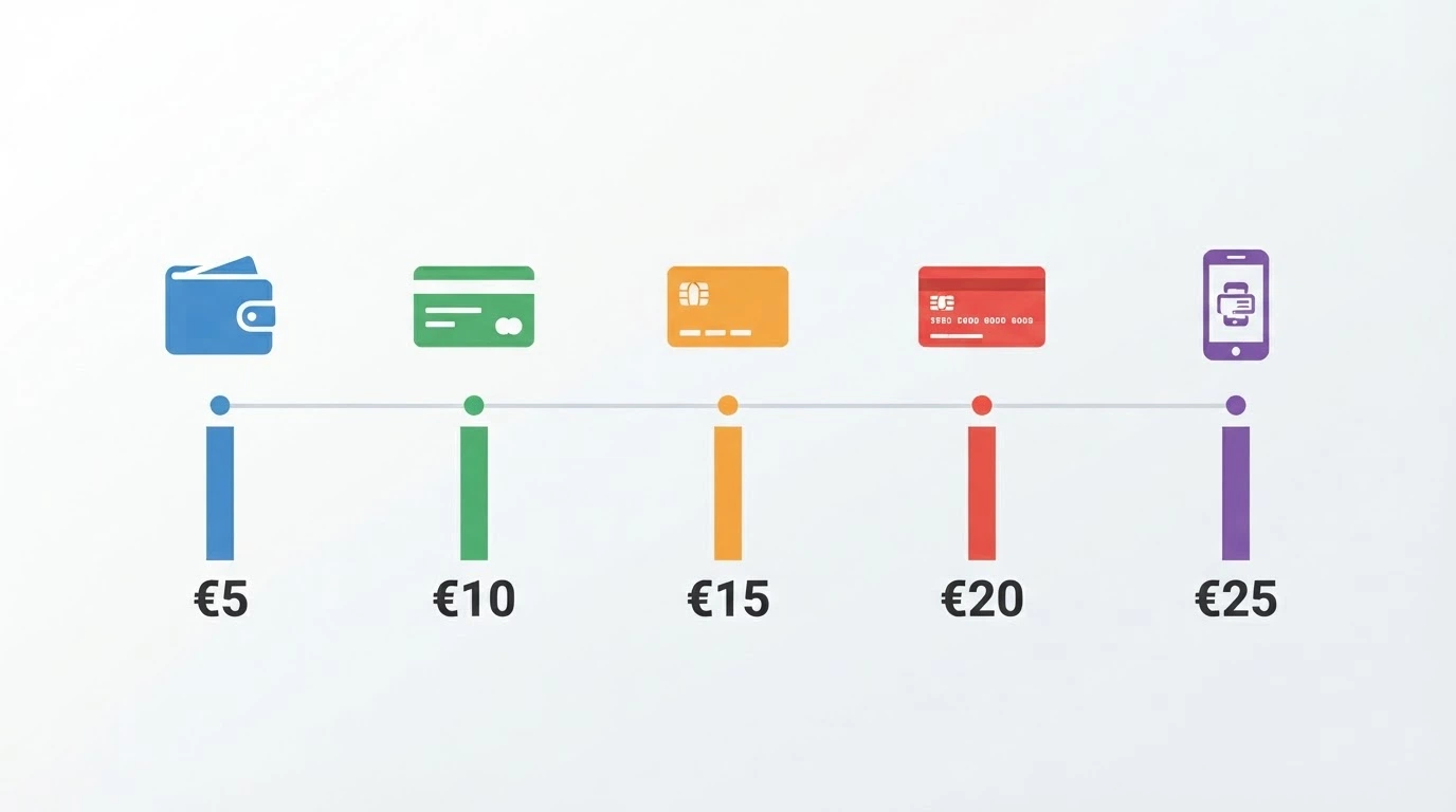 Una linea orizzontale con le icone di PayPal, Postepay, Skrill, Visa e Mastercard, ciascuna con l'indicazione della propria soglia minima in euro