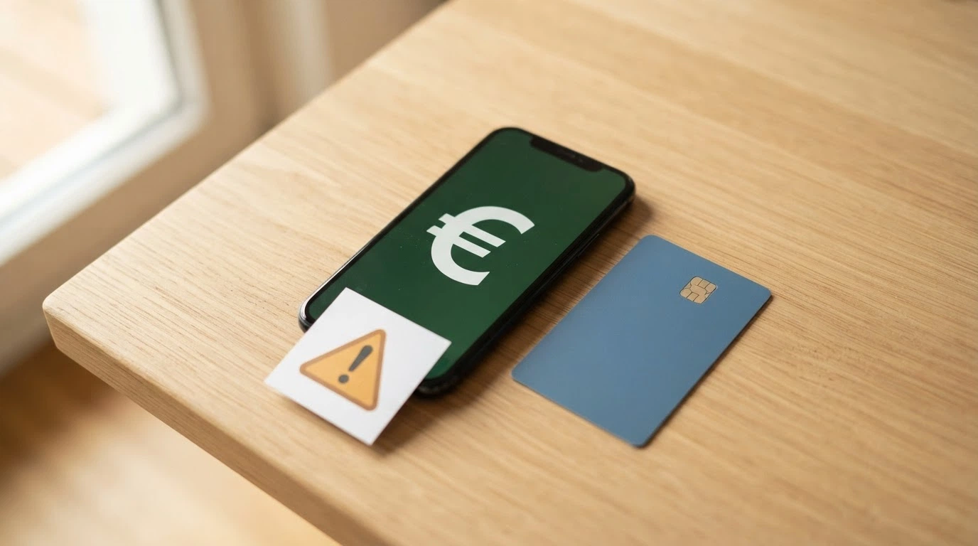 Una carta di credito, un telefono con il logo PayPal e un portafoglio digitale con il logo Skrill, disposti su un tavolo; il logo Skrill ha un segnale di avvertimento triangolare accanto