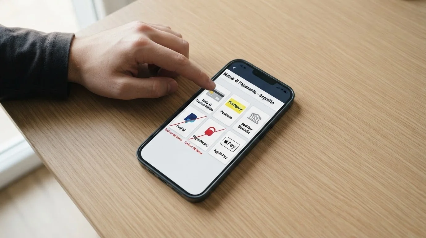 Una selezione di metodi di pagamento (carta, PostePay, Skrill barrato, Neteller barrato) accanto alla schermata di deposito di un casinò