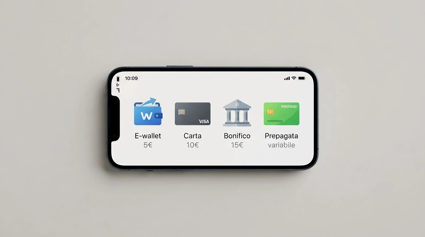 Uno smartphone con il carrello della cassa di un casinò online e quattro icone di pagamento allineate: PayPal, carta di credito, bonifico bancario, Postepay, ciascuna con il proprio deposito minimo in evidenza