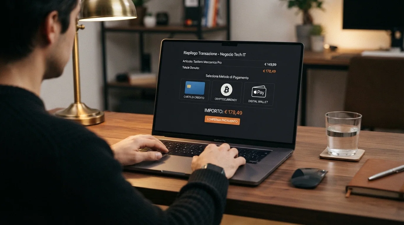 Schermata di cassa di un casinò online con opzioni di pagamento: carte, e-wallet, crypto e bonifico
