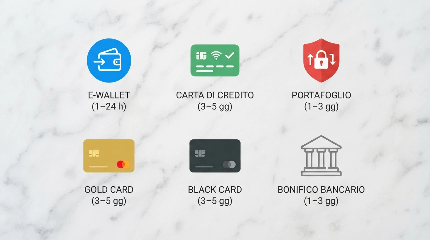 Una disposizione di icone di metodi di pagamento (PayPal, Skrill, Neteller, Visa, Mastercard, bonifico) con accanto i tempi di prelievo in ore o giorni