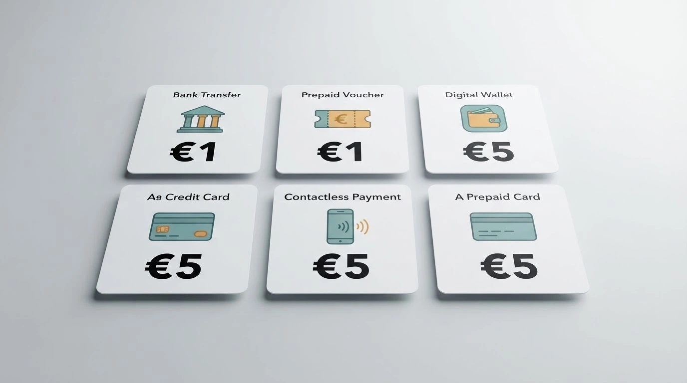 Una selezione di loghi dei metodi di pagamento accettati nei casinò ADM: PayPal, PostePay, Paysafecard, Skrill, bonifico, Apple Pay disposti su una tabella comparativa