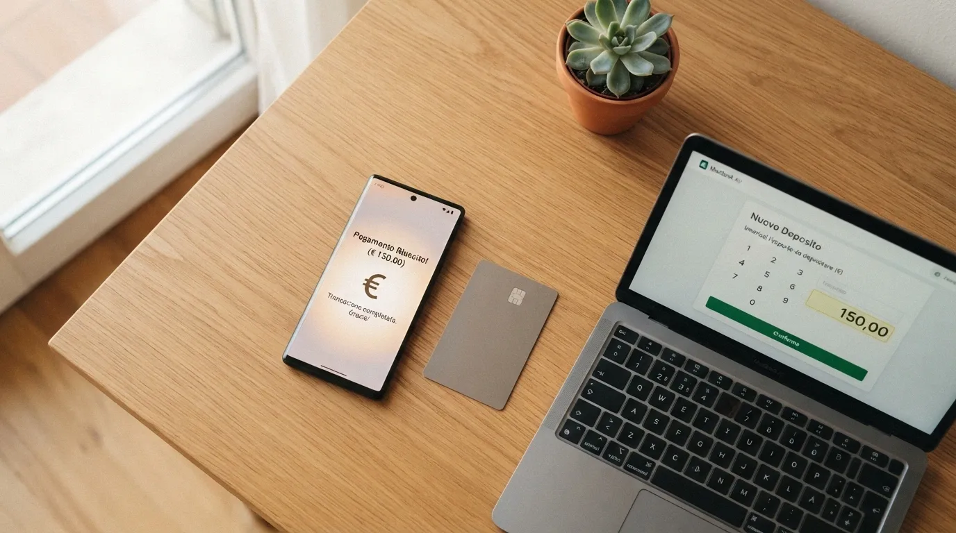 Carte di credito, uno smartphone con app di pagamento e un portafoglio digitale disposti su una scrivania accanto al monitor che mostra la schermata di ricarica di un casinò