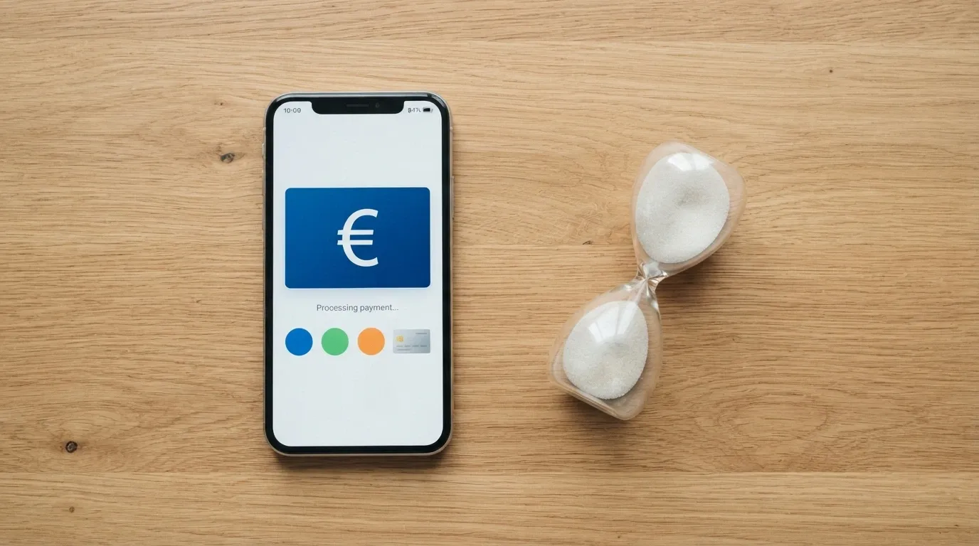 Uno smartphone con le icone di PayPal, Skrill, Bitcoin e una carta di credito, con una clessidra accanto che indica l'attesa per il prelievo