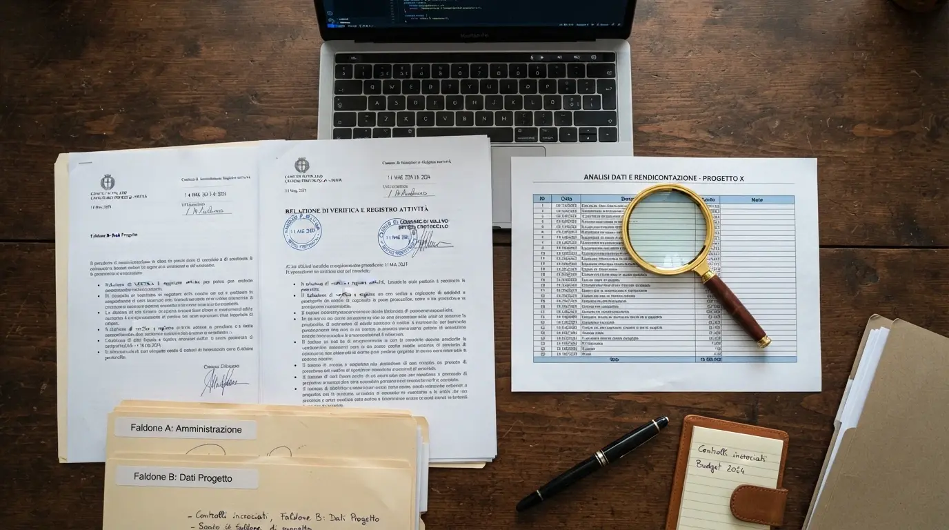Una scrivania con documenti ufficiali ADM, un foglio di calcolo e una lente, inquadratura dall'alto