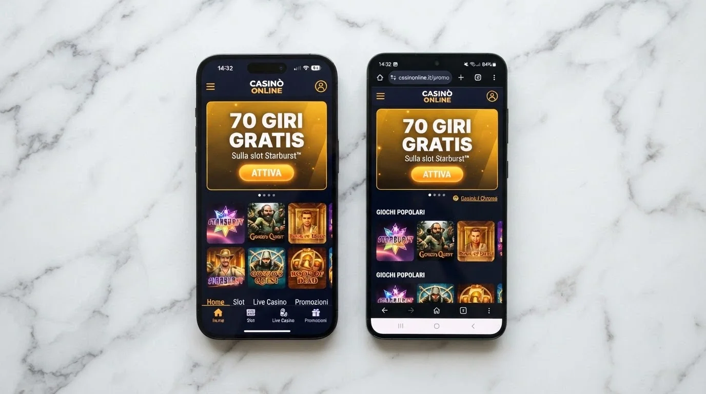 Uno smartphone con l'app di un casinò ADM aperta sulla schermata dei giri gratis e un altro con lo stesso casinò via browser
