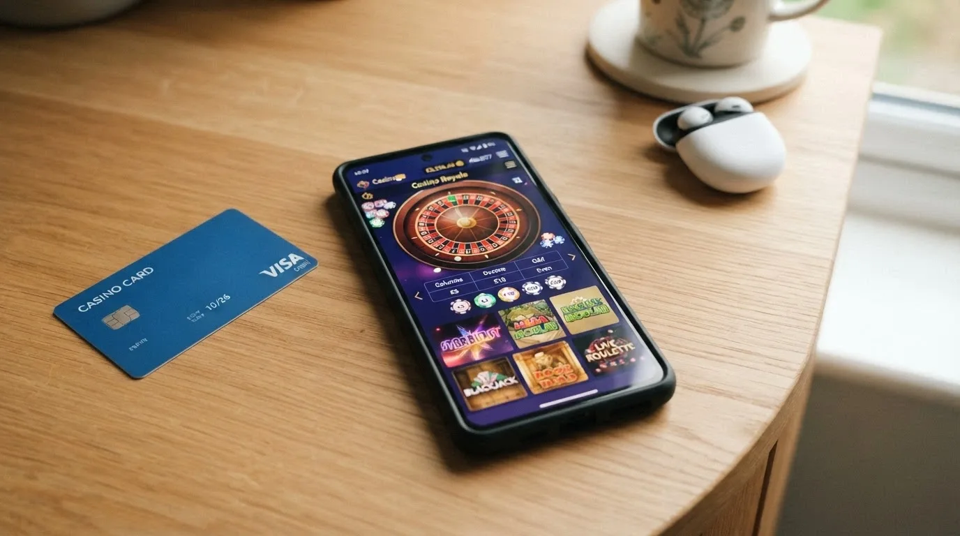 Smartphone con interfaccia di casinò mobile e carta PostePay appoggiata accanto