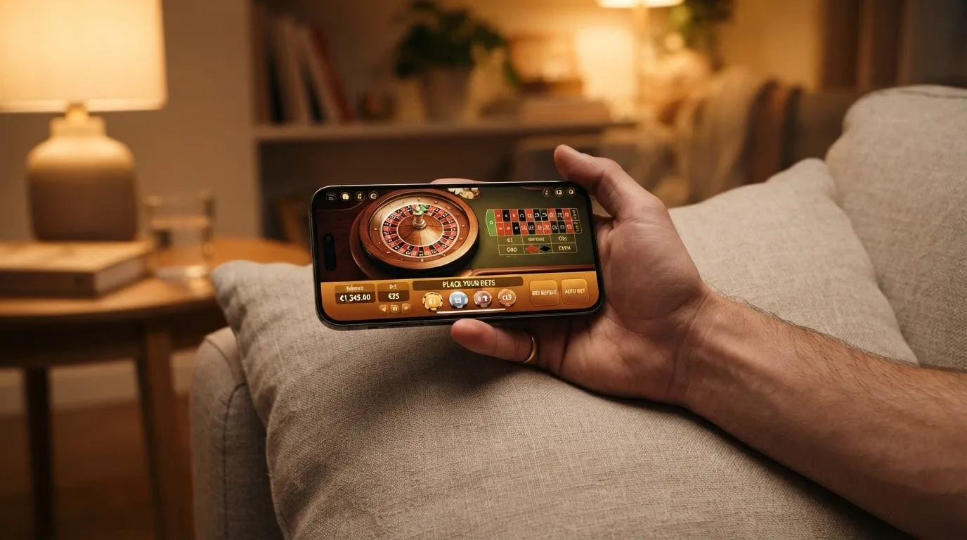 Uno smartphone che mostra l'interfaccia di un casinò live in modalità landscape con pulsanti di puntata ben visibili