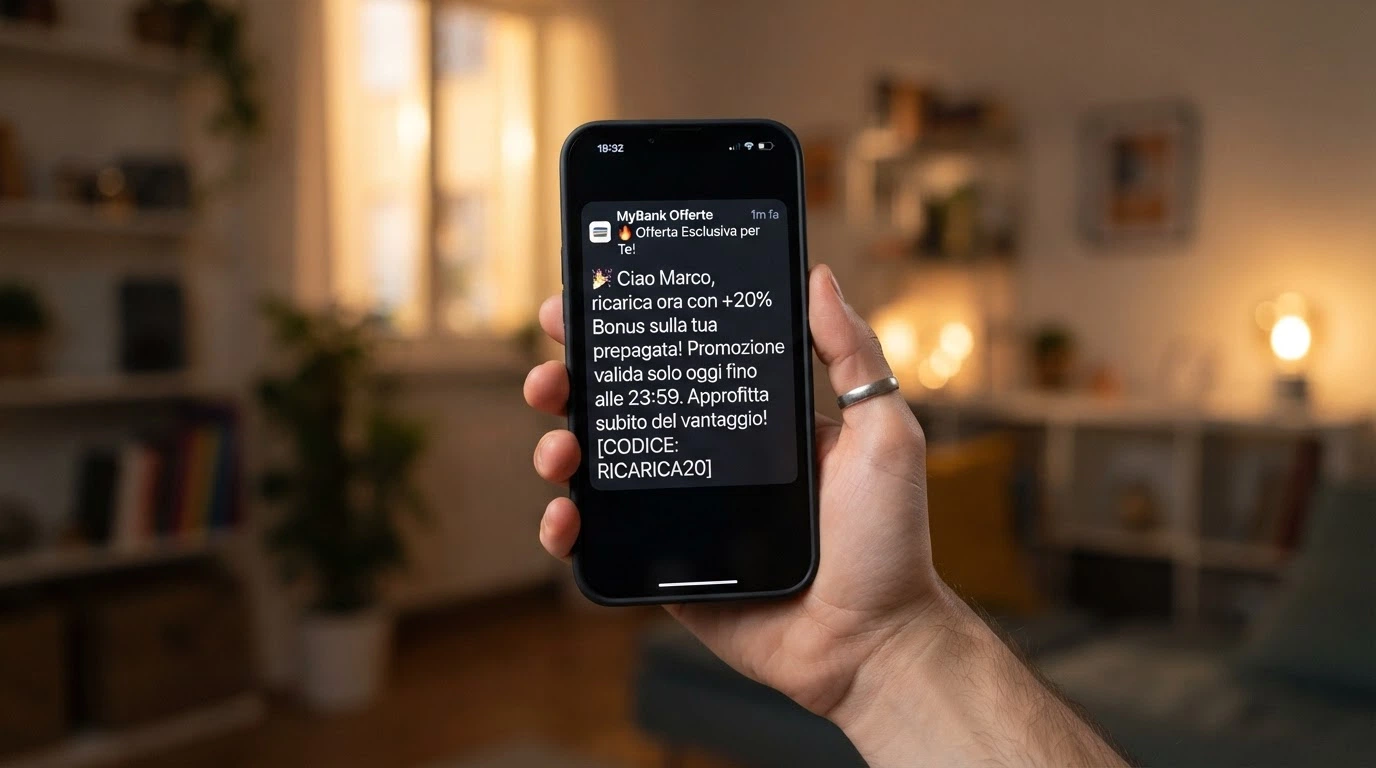 La notifica di una nuova email promozionale da un casinò ADM sul telefono, con l'anteprima del messaggio che mostra un'offerta di ricarica personalizzata