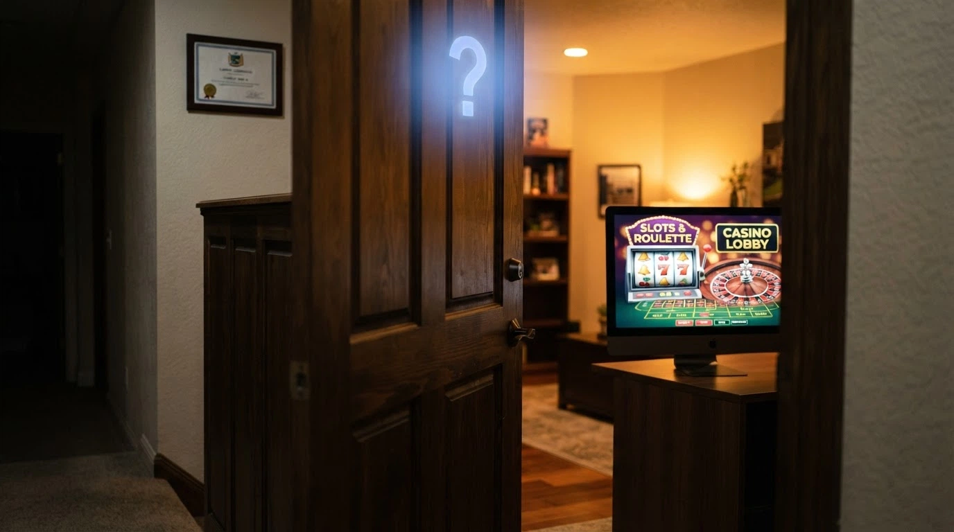 Una porta che si apre su un nuovo casinò online con licenza Curaçao in evidenza, ma con un punto interrogativo luminoso sospeso sopra