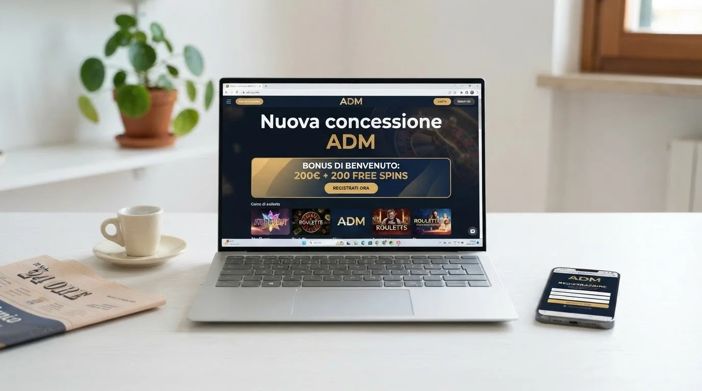 La schermata di benvenuto di un nuovo casinò online con la dicitura «nuova concessione ADM» e l'offerta di benvenuto in evidenza