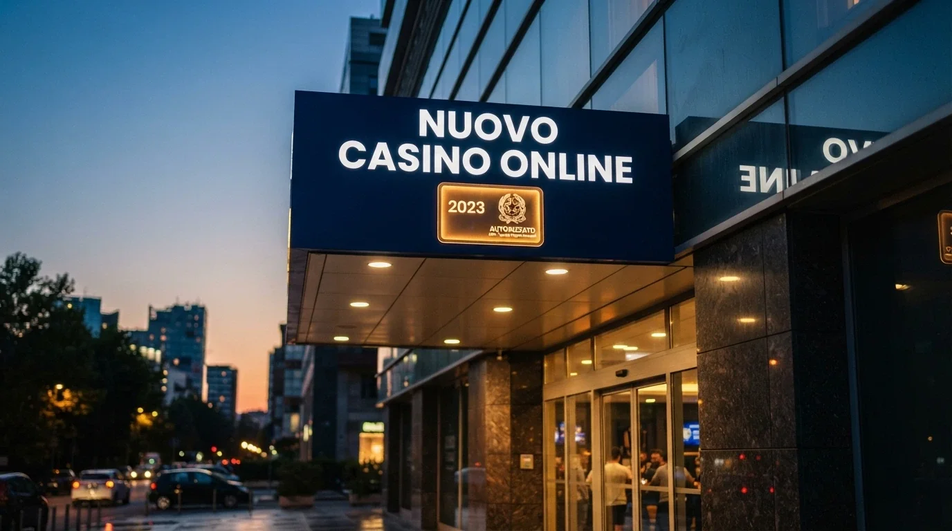 L'insegna luminosa di un nuovo casino online con il badge «Nuova concessione ADM 2026» in evidenza