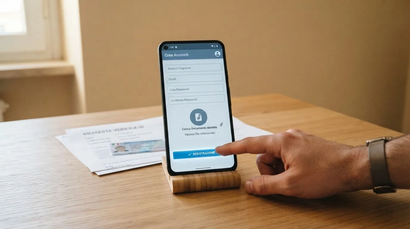 Una mano che clicca su un pulsante «Registrati» di un casinò online, con una finestra di verifica documenti in sovrimpressione